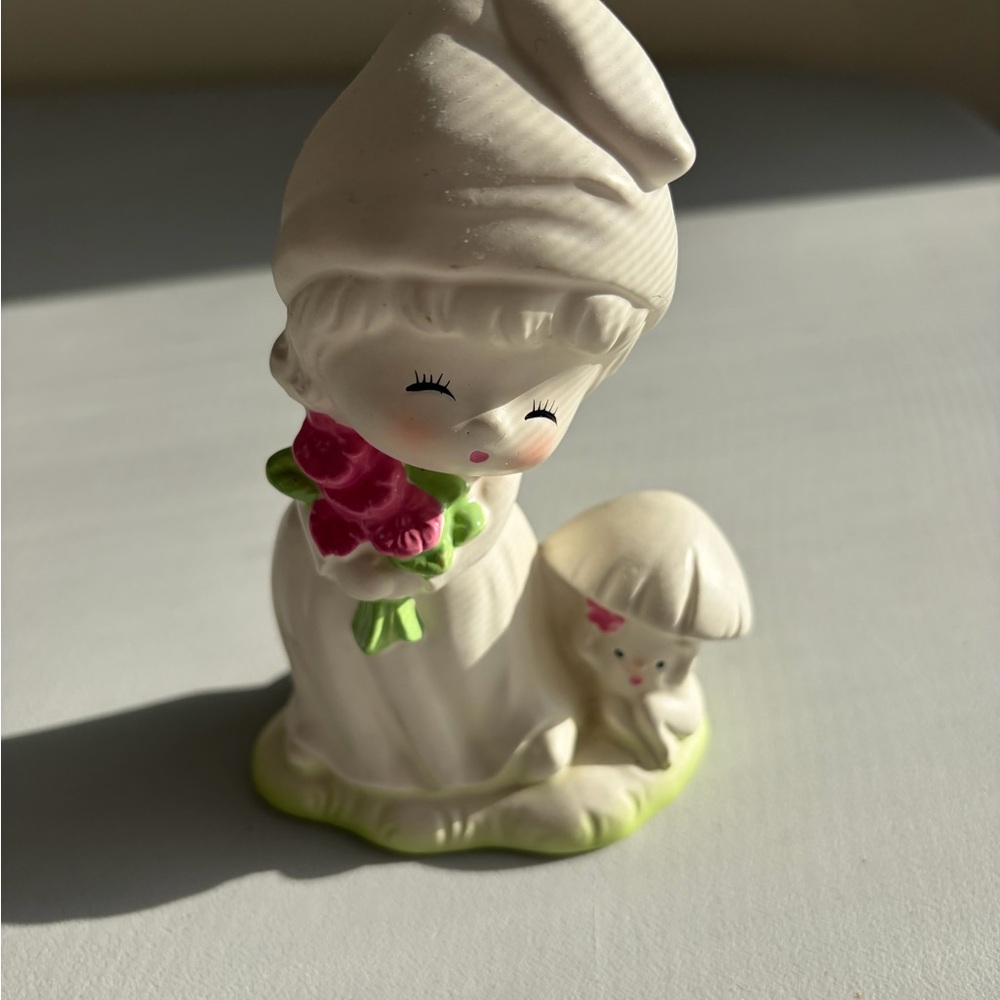 White Ceramic Girl Figurine with Pink Flowers And Mushroom Buddy